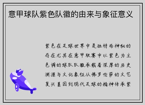 意甲球队紫色队徽的由来与象征意义